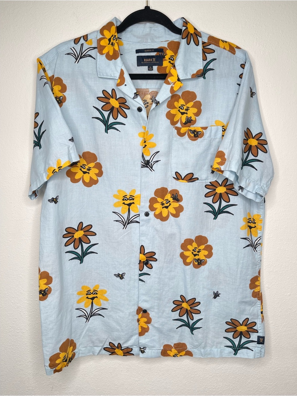 ROARK - LINEN Sunflower Bumble Bee Floral Print Mens L Classic Fit Shirt
